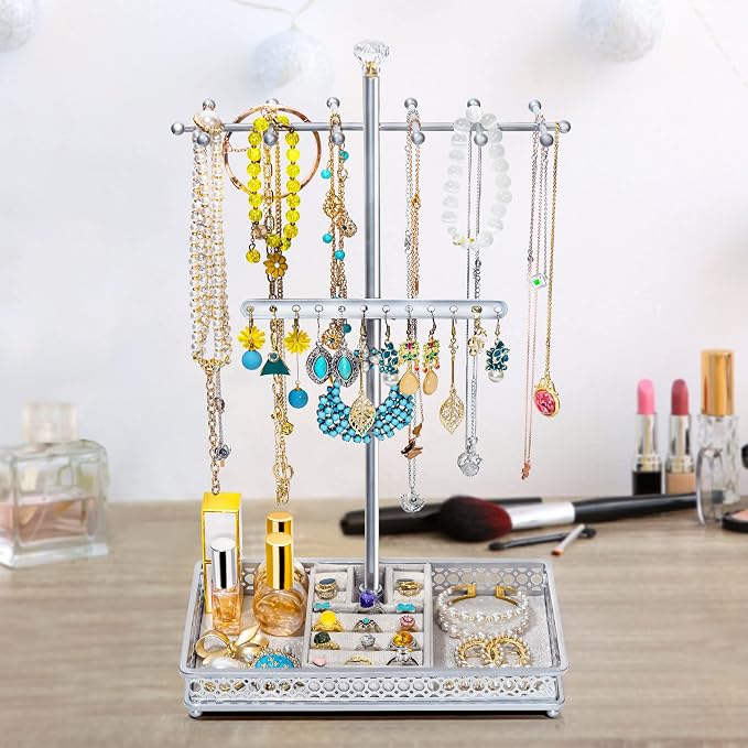 Meangood Jewelry Organizer Stand, 15.6" H Jewelry Tree Display Holder Stand for Bracelets Necklaces Earrings Rings, Gift for Women Girls (Silver) - Image 6