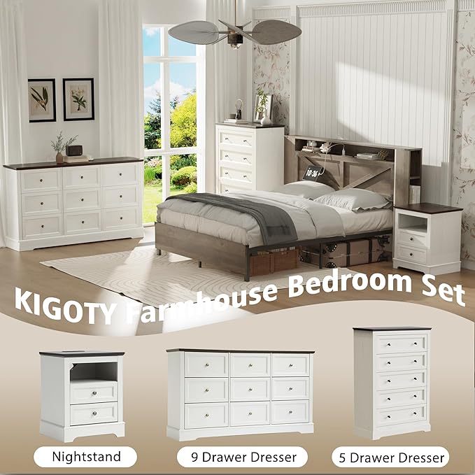KIGOTY Farmhouse Bedroom Set, 3 Pcs Dresser and Nightstand Sets, 5 Drawer Dresser & 2 Drawer Nightstand Set with Charging Station,Rustic Wood Bedroom Furniture Set for Home,White