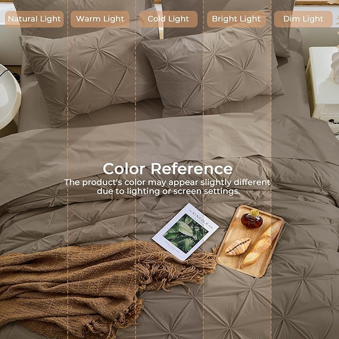 Sasttie Full Size Comforter Set, 7-Piece Bed in a Bag Double, Pintuck Bedding Set for All Season, Includes Comforter, Flat Sheet, Fitted Sheet, Pillowcases and Pillowshams, Brown