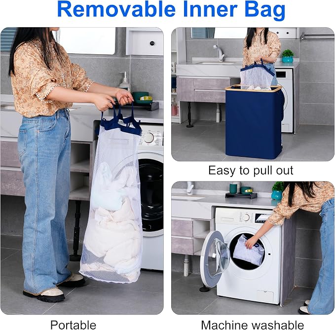 efluky Laundry Hamper with Lid, Trio Laundry Hamper with 3 Removable Bags, 3 Section Laundry Basket with Bamboo Handles for Bathroom, Bedroom & Laundry Room, 160L Blue - Image 4