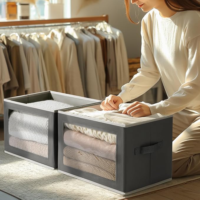 Homsorout Storage Boxes with Lids - 3 Pack Fabric Clear Window Storage Bins, Collapsible Storage Bins with Lids, Linen Closet Organizer for Clothes, Towel, Blanket, Dark Grey - Image 4