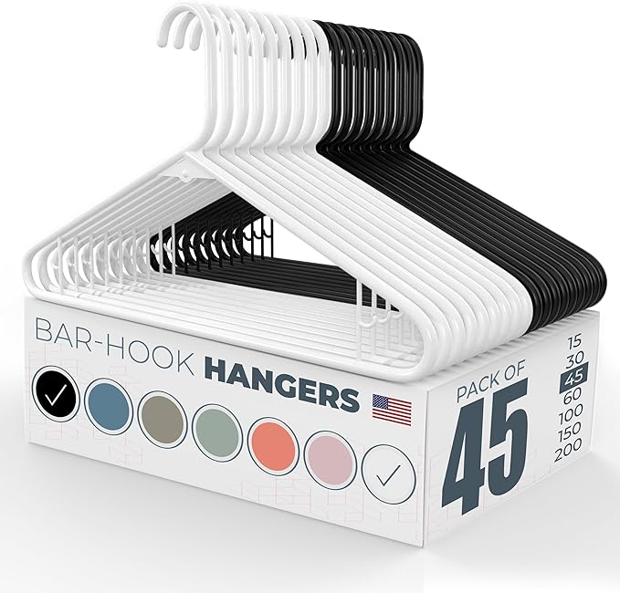 Neaties Plastic Hangers 45 Pack - Made in the USA - 6lb Capacity Standard Clothes Hangers with Strap Hooks for Dresses, Lingerie, Shirts, Pants, and Jackets - White & Black by NeatiesHangers
