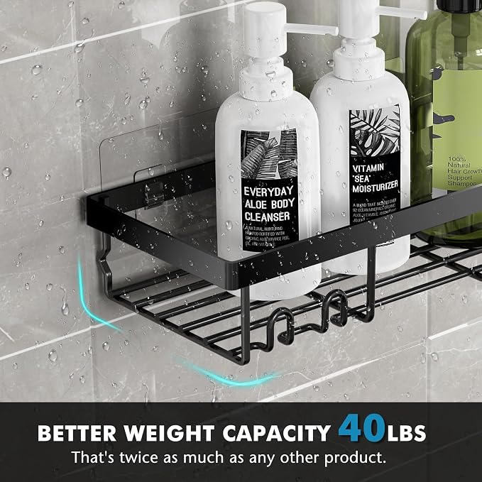 Moforoco Shower Caddy Shelf Organizer Rack, Self Adhesive Black Bathroom Shelves Basket, Home Farmhouse Wall Inside Organization and Storage Decor Rv Accessories, First Camper Apartment Essentials - Image 3