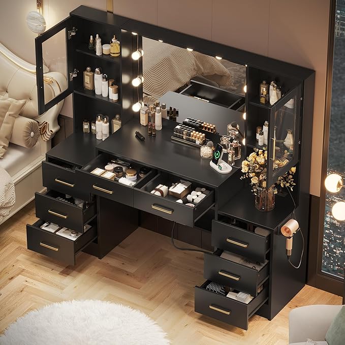 UGTOO Makeup Vanity Desk with Mirror and Lights, 58.3" Makeup Vanity with Lights & Charging Station, Dressing Table Vanity Set White Vanity Table with 8 Drawers & 2 Cabinets, Without Stool Black