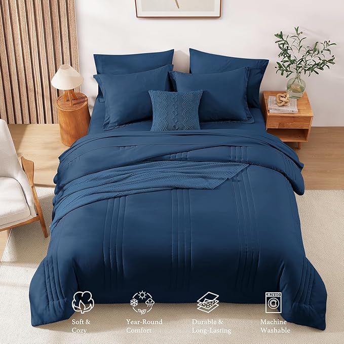 Monbix King Size Comforter Set - 7 Pieces Serenity Blue Bed in a Bag, King Size Bedding Sets with Comforters, All Seasons Comforter with Sheets,Pillowcases & Shams
