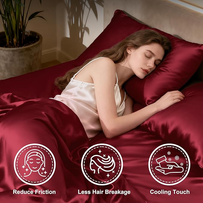 Love's cabin Twin Satin Sheets Sets - 3 Piece Burgundy Silky Bed Sheets with Deep Pockets, Luxury Silk Feel Satin Twin Size Sheet Set Bedding Set (1 Flat Sheet,1 Fitted Sheet,1 Pillow case)