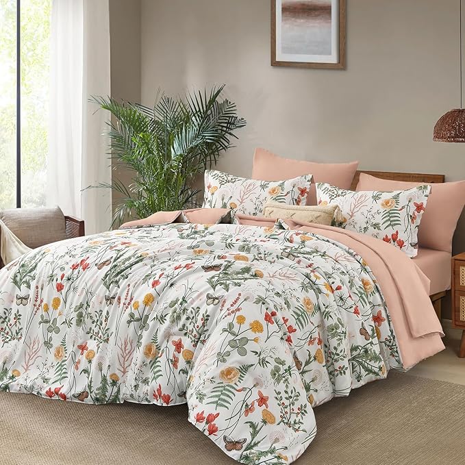 Yiran 7 Piece Floral Comforter Set King Size, Pink Green Summer Comforter Bedding Set, Botanical Bed in a Bag with Flowers Pattern, Soft Microfiber Complete Bedding Set with Sheets for All Season