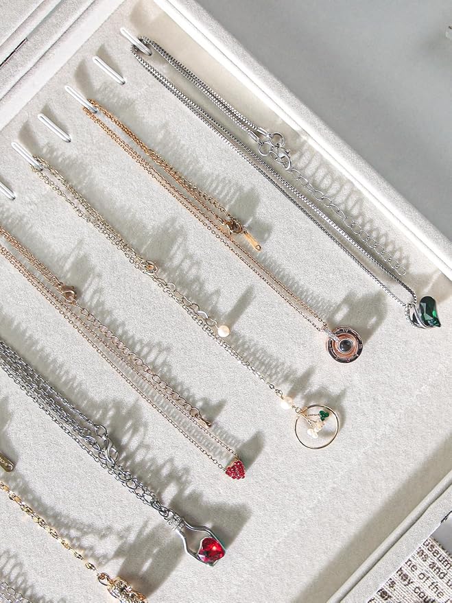 Coward 20 Hooks Necklace Organizer Jewelry Box, Dustproof Necklace Display Holder Case, Beige Velvet Necklace Display Tray Case with Transparent Glass Lid for Women Girls - Image 4