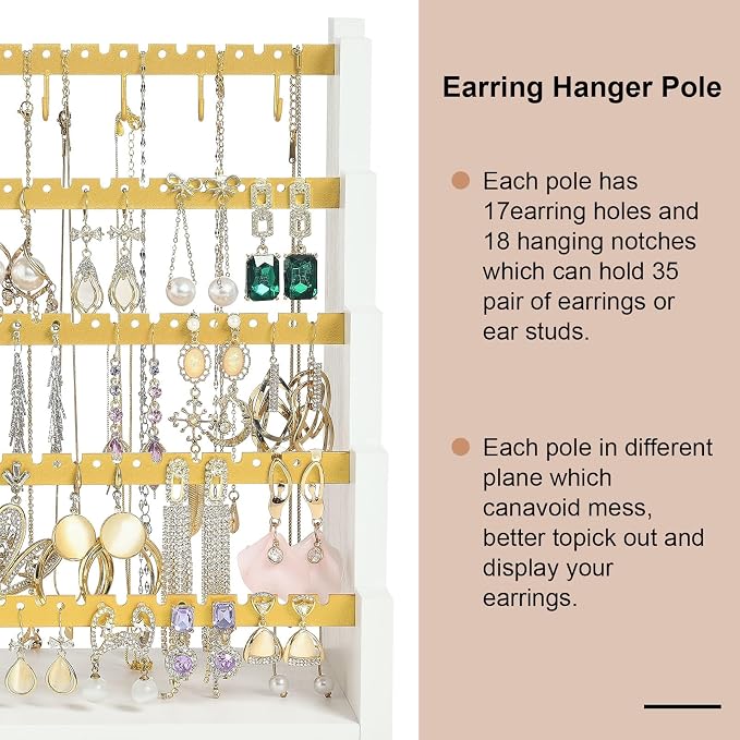 Pinzoveco Earring Organizer, 5 Layer Earring Holder Organizer with Metal Necklace Holder Pole, Rustic Wood Jewelry Organizer Stand Display for Stud Earring Bracelet Necklace Ring, 175 Earring Holes - Image 4