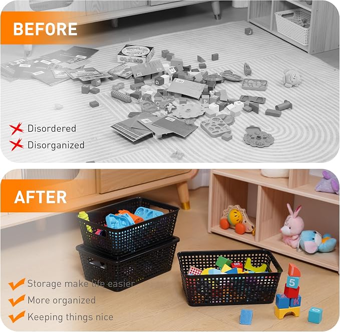 Plastic Storage Baskets With Lid, Storage Bins for Organizing, Stackable Decorative Containers for Shelves Drawers Desktop Closet Playroom Classroom Office, 8 Pack-Black - Image 6