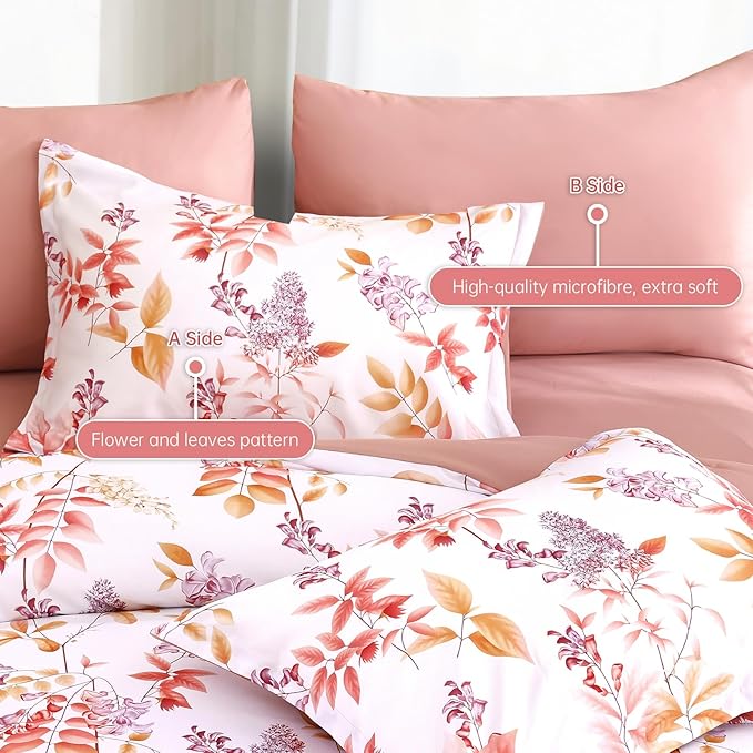 Cottolester Pink Comforter Set King Size Floral 7-Piece Bedding Set,Pink Purple Botanical Comforter Set with Pillowcases,Soft Microfiber Complete Bedding Sets for All Season