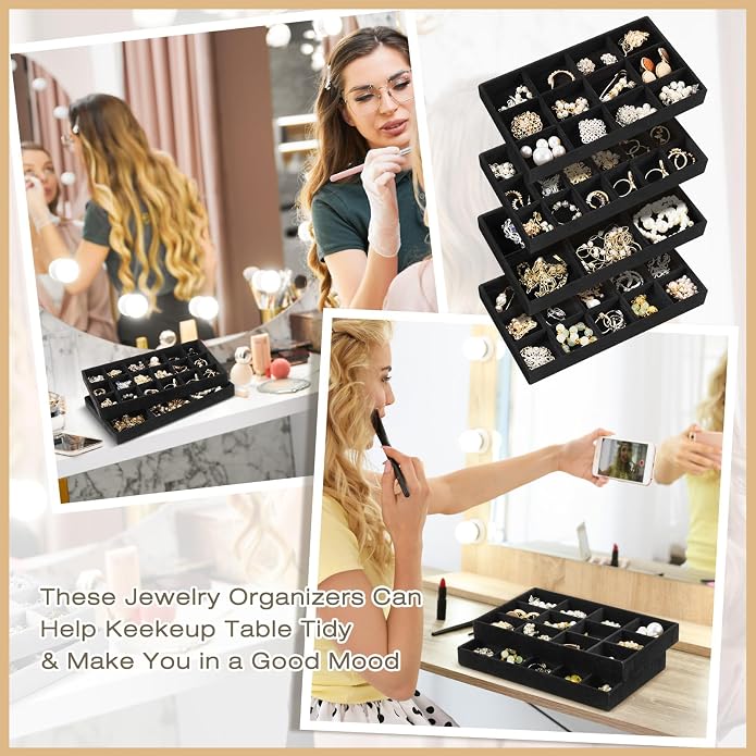 Junkin 12 Pcs Jewelry Tray Velvet Stackable Jewelry Organizer Trays Divided Earring Accessories Storage Containers Box (Rose Red) - Image 6