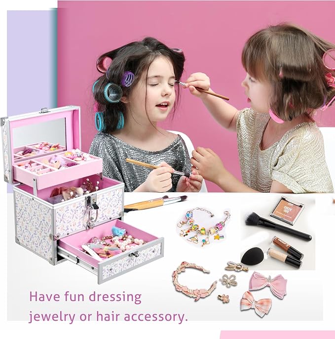 Hododou Girls Jewelry Box Organizer with Drawer & Mirror, Shiny Pink Style Lockable Storage Case for Kid or Little Girls Jewelry and Hair Accessories Lilac - Image 4