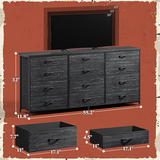 Romorgniz 55" Long Dresser for Bedroom with 12 Fabric Drawers, Entertainment Center for 60 inch TV Dressers & Chests of Drawers Large Organizer, Living Room, Metal Frame, Wood Top, Black