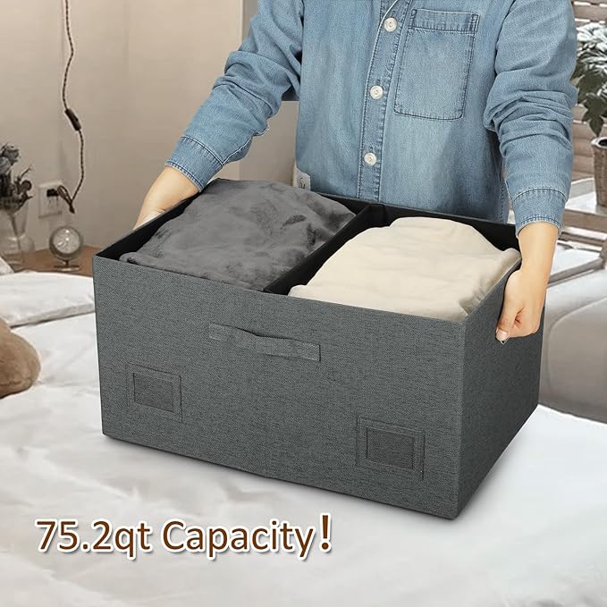 Graciadeco 75 Quarts Extra Large Decorative Storage Bins with Lids, 3 Packs Dark Gray Collapsible Storage Bins with Lids, Stackable Storage Bins Decorative Box Storage With Lid Extra Large - Image 3