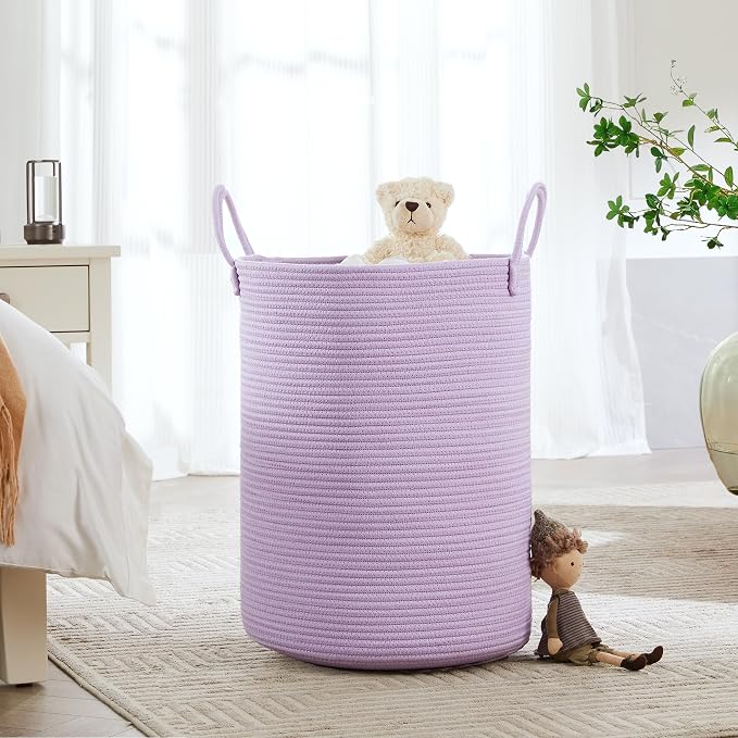 80L Extra Large Purple Hamper Laundry Basket for Nursery Kids 16Dx22H inches Tall Lavender Blanket Basket for Girls Cotton Rope Lilac Clothes Hamper in Bedroom - Image 4