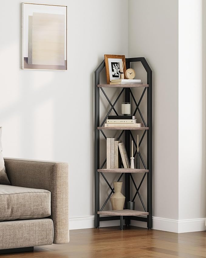 CHOEZON 4-Tier Corner Shelf, Industrial Corner Bookshelf, 47.6" Corner Storage Stand, Plant Stand Display Shelf, Corner Bookcase for Bedroom, Living Room, Home Office, Greige and Black TCJ09BG by Choezon