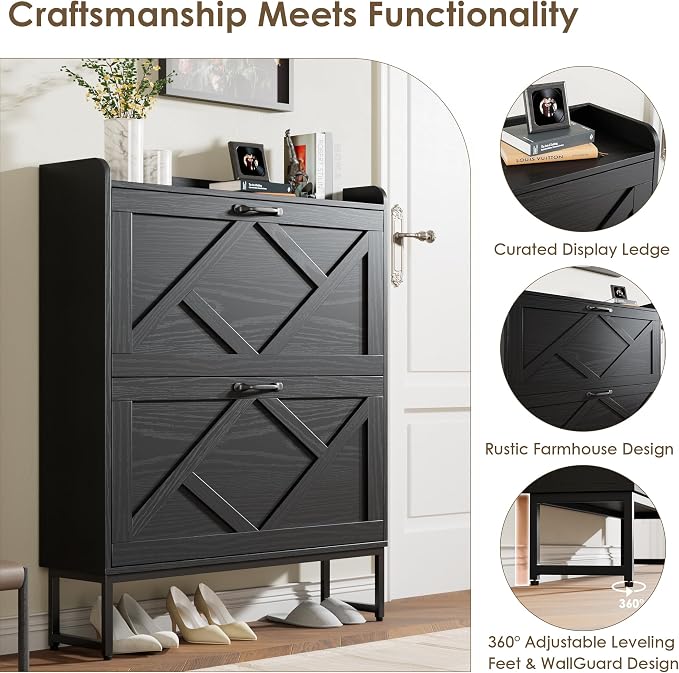 Nicetree Shoe Storage Cabinet with 2 Flip Drawers, Freestanding Shoe Organizer, Shoe Cabinet with Metal Legs, Narrow Shoe Rack Cabinet, Farmhouse Slim Shoe Cabinet for Entryway, Foyer, Hallway, Black - Image 5