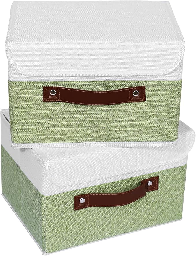 ANMINY 2PCS Storage Boxes with Lid Washable Decorative Storage Bins Basket with PU Leather Handle Foldable Linen Fabric Storage Cubes Containers for Home Closet Organizer - Green White, Small Size - Image 2