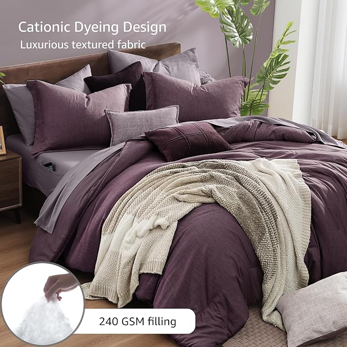 Monbix Super King Plus Comforter Set, Italian Plum Cationic Dyeing Bedding Set Reversible, Bed in a Bag 7 Pieces with Comforter, Sheets, Pillowcases & Shams