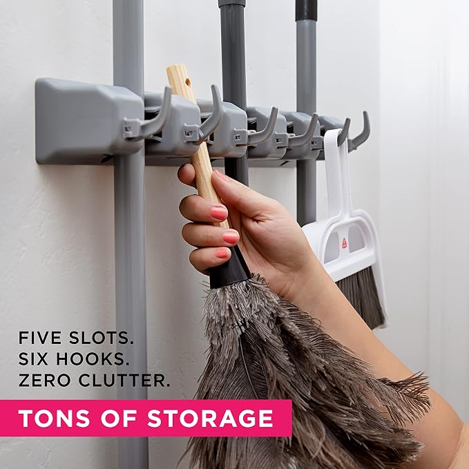 Combo 5 Slot Broom Holder w/ 1 Self Adhesive Mop Gripper No-Drilling, Wall Mount Tool Organizers For Kitchen, Garage, Laundry Room- Anti-Slip Hanger For Brooms, Mops, Rakes, Dustpans (Grey / White) - Image 8