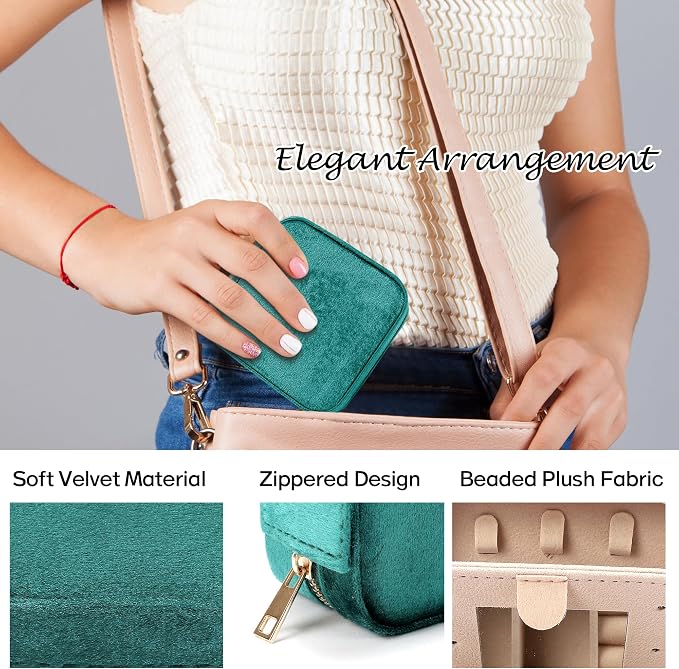 Plush Velvet Travel Jewelry Box for Women & Girls - Small Portable Organizer, Storage Case for Rings, Earrings, Necklaces & Bracelets – Ideal Gift for Travel & Occasions (Green) - Image 4