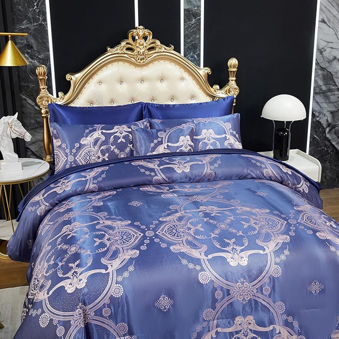 Bedding_Dreamer Blue Comforter Set Satin Sheet Set Jacquard King Bedding Set 8 Pcs Vintage Neoclassical Floral Bed Home Decor Soft Comforter Luxury Hotel Silky Bed in a Bag with 1 Cushion Cover