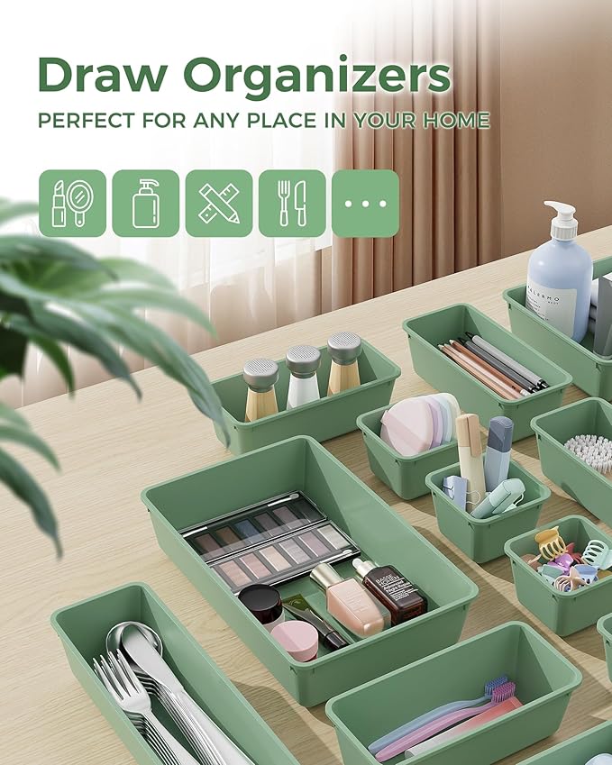 BiuLeon 25 PCS Plastic Drawer Organizers Set, 4-Sizes Vanity and Makeup Organizer, Desk and bathroom Drawer Organizer Trays, Organizers and Storage for Makeup, Jewelry, Gadgets, Utensils (Green) - Image 3
