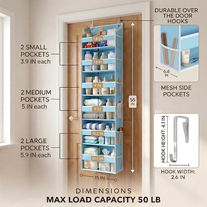 HOMELUX THEORY UPGRADED 6 Tiers Over The Door Organizer Hanging - 100D EXTRA THICK & 50lbs HUGE CAPACITY, 12 Side Mesh Pockets Over The Door Shoe Organizer, Hanging Closet Organizer (Baby Blue, 1pc) - Image 2