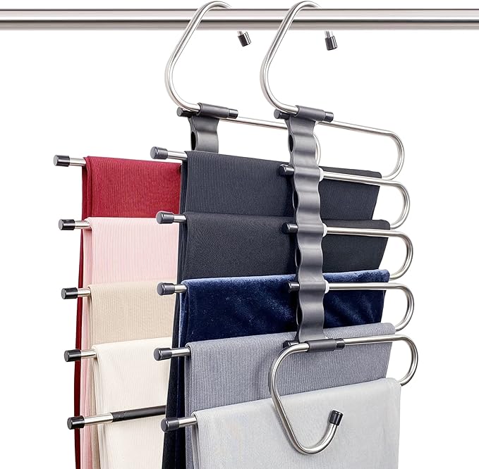 Magic Pants Hangers Space Saving - 2 Pack for Closet Multiple Layers Multifunctional Uses Rack Organizer for Trousers Scarves Slack (2 Pack with 10 Metal Clips) by Feerahozer