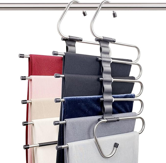 Magic Pants Hangers Space Saving - 2 Pack for Closet Multiple Layers Multifunctional Uses Rack Organizer for Trousers Scarves Slack (2 Pack with 10 Metal Clips) by Feerahozer