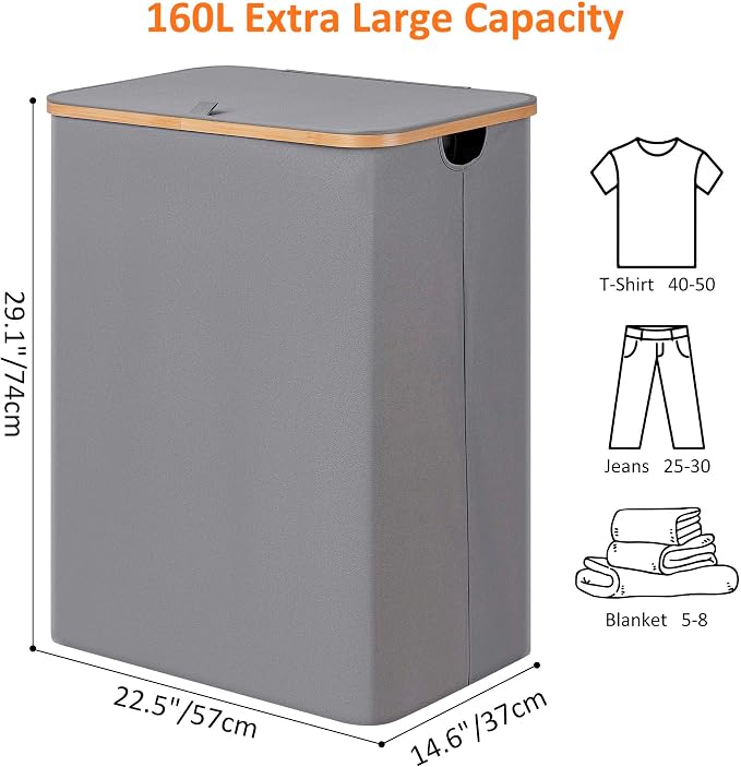 efluky Laundry Hamper with Lid, Trio Laundry Hamper with 3 Removable Bags, 3 Section Laundry Basket with Bamboo Handles for Bathroom, Bedroom & Laundry Room, 160L Silver Grey - Image 2