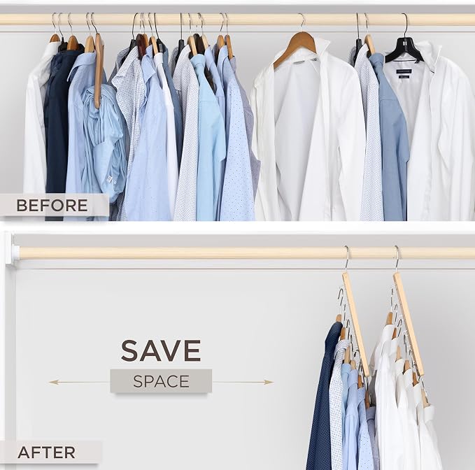 MORALVE Space Saving Hangers for Closet – 4 Pack European Beechwood 6-Tier Shirt Organizer with 360° Swivel Hook – Collapsible Clothes Hanger for Closet Organization (Hangers Not Included) - Image 3