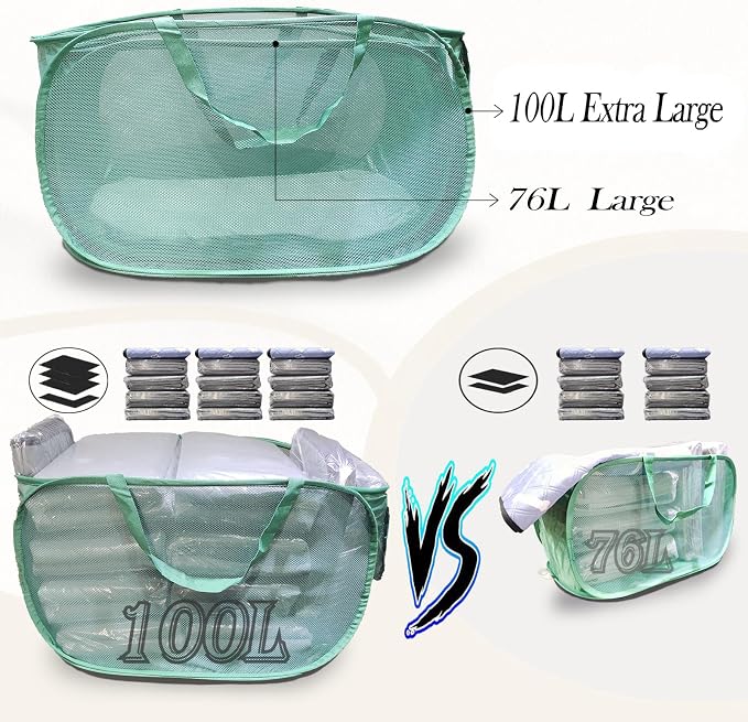 100L Foldable Laundry Baskets 2 Pack, Extra Large Mesh Pop Up Laundry Hamper, Dirty Clothes Hamper with Handles, Pop-up Hampers for Laundry Travel. Dorm or Home Portable Clothes Baskets.Green 2H - Image 3