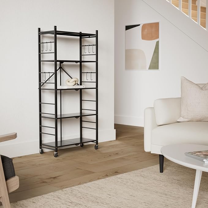 Himix Storage Shelves with 20 Hooks, 5-Tier Collapsible Organization Storage Rack Bookshelf Folding Pantry Shelves Cube Shelf Wire Shelving Holds 440 Ibs for Garage Kitchen Room, Black - Image 2