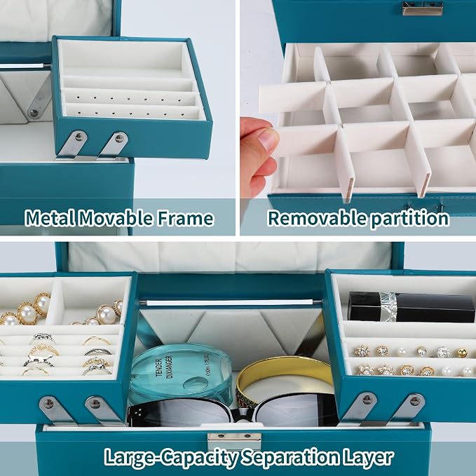 Dajasan Jewelry Box Organizer, Jewelry Holder Organizer Box, 4 Layers Leather Jewelry Storage Box, Gift Idea for Women, Girlfriends, Wife or Mother (Blue) - Image 5