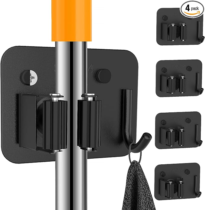4 Pack Stainless Steel Broom Holder Wall Mount with Hook, Screw Drilling Broom and Mop Organizer Wall Hanging, Heavy Duty Storage Rack for Laundry Garage Closet Garden Tool Organizer, Black by Unknown