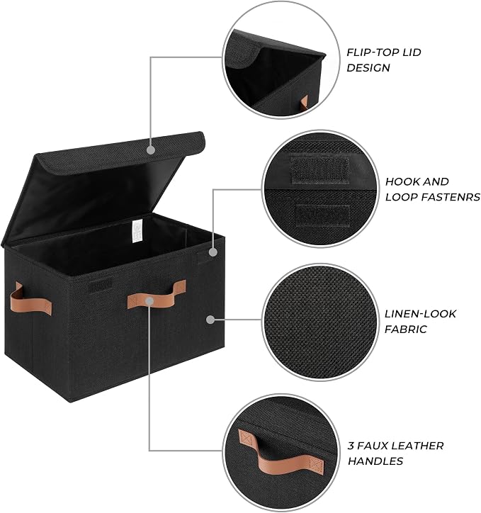 GRANNY SAYS Storage Bins with Lids, Decorative Storage Boxes with PU Handles, Black Storage Bin, Linen Closet Organizer, Shelf Baskets, Fabric Storage Bins for Clothes - Image 4