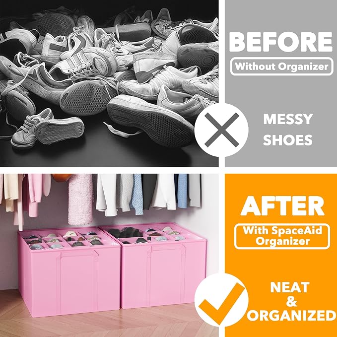 SpaceAid Shoe Organizer for Closet, 2 Pack Foldable Shoe Storage Containers Baskets Boxes Bins w/Adjustable Dividers, Fits 16-32 Pairs, Pink - Image 2