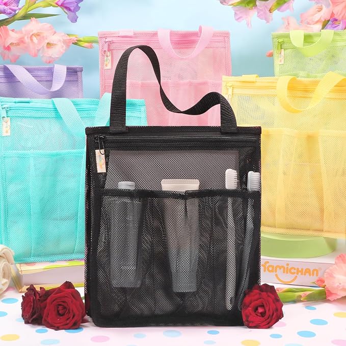 famichan Portable Mesh Shower Caddy, Gym Travel Camp Dorm Room Essentials for College Student Boy Girl, Bathroom Shower Bag - Black - Image 4