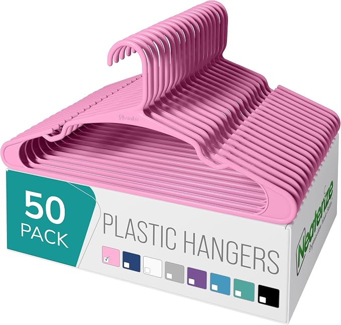 NEATERIZE Clothes Hangers Plastic 50 Pack for Adults - Plastic Hangers, The Perfect Coat Hanger and Space Saving Clothes Hangers for Closet, Percheros Ganchos para Colgar Ropa Hangars - Pink Hangers by Neaterize
