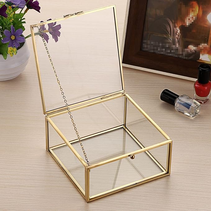 Hipiwe Vintage Glass Jewelry Organizer Box - Golden Metal Keepsake Box Desktop Jewelry Organizer Holder, Wedding Birthday Gift, Square Vanity Decorative Box for Dresser,Bathroom - Image 6