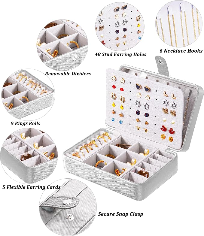 QBestry All-in-One Travel Jewelry Organizer for Women Silver | Small Jewelry Box with 68 Earring Holes | Compact Portable Jewelry Case for Earrings, Rings, Necklaces | Perfect Gifts for Mom Wife Girls - Image 2