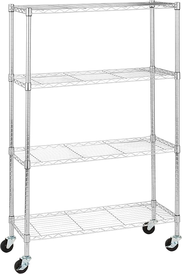 Amazon Basics 4-Shelf Adjustable Heavy Duty Storage Shelving Unit with Wheels, No-Tool Easy Assembly, Garage Shelving, Metal Wire Rack with Casters and Leveling Feet, 36" x 14" x 57.8", Chrome by AmazonBasics