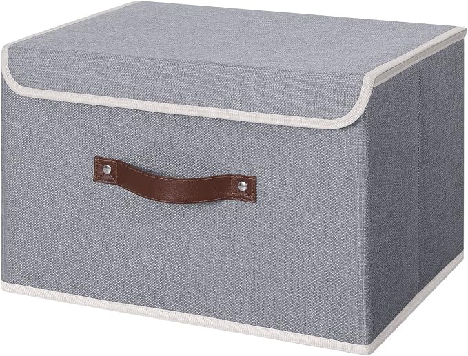 ANMINY Storage Bin with Lid Storage Boxes with PU Leather Handles PP Plastic Board Decorative Foldable Lidded Cotton Linen Fabric Home Cubes Baskets Closet Organizer Container - Gray, Large Size by ANMINY