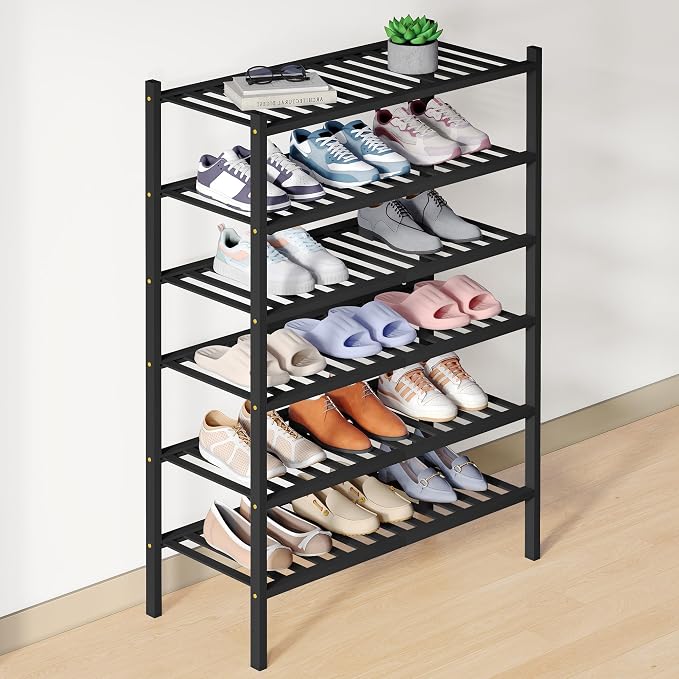 Smiry Bamboo Shoe Rack for Closet, 6 Tier Wooden Stackable Shoe Organizer, Free Standing Shoes Storage Shelf for Entryway, Front Door Entrance, Black by Smiry