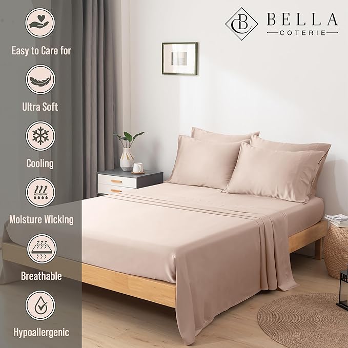 Bella Coterie 6 Piece Luxury Bamboo Viscose Queen Size Sheet Set | 100% Organically Grown | Cooling for Hot Sleepers | 18" Deep Pocket | Soft & Hypoallergenic | 4 Pillowcases [Dusty Rose]