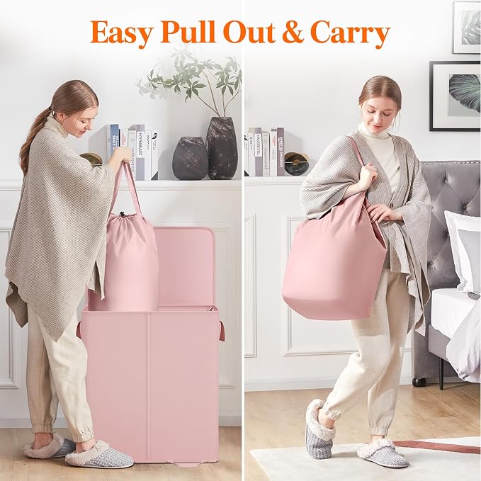 Lifewit Double Laundry Hamper with Lid and Removable Laundry Bags, Large Collapsible 2 Dividers Dirty Clothes Basket with Handles for Bedroom Laundry Room Closet Bathroom College, 136L Pink - Image 4