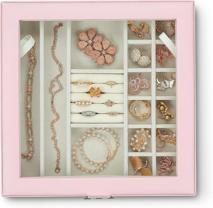 Glenor Co 28 Section Jewelry Box - 2 Layer & Buckle Magnet Closure - Large Glass Top - Leather Design - Soft Pink - Jewelry Organizer for Women & Girls - for Earring Ring Necklace & Bracelet - Image 4