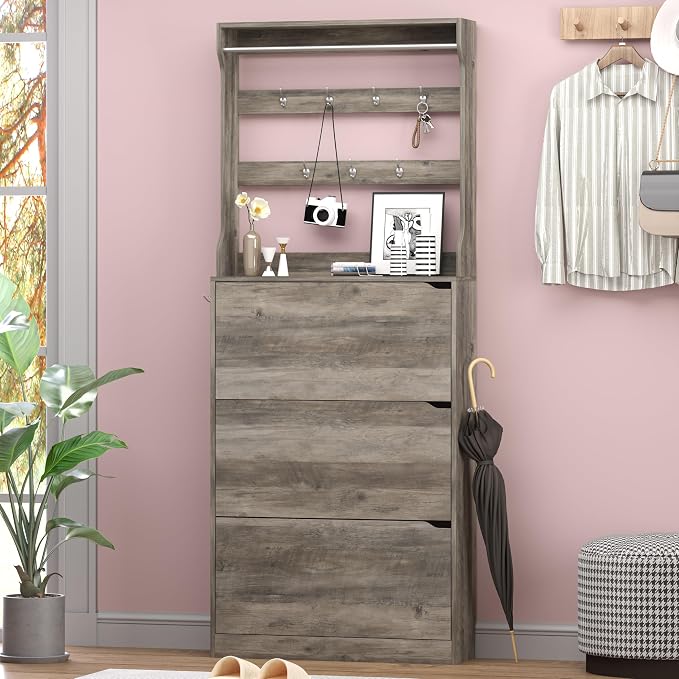 BORNOON Shoe Cabinet with 3 Flip Drawers & Coat Rack, Narrow Hidden Shoe Storage Cabinet, 2-in-1 Hall Tree Slim Freestanding Shoe Rack Organizer for Entryway, Hallway, and Living Room - Image 3